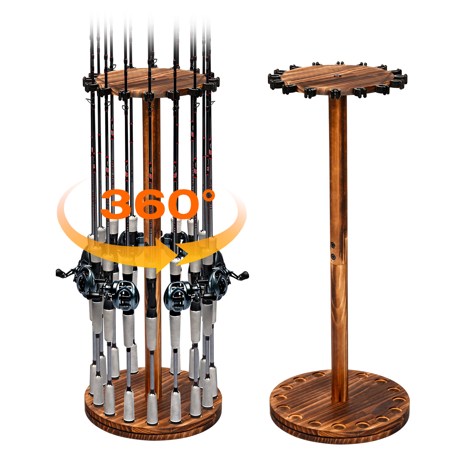Fishing Rod Rack - Okrągły, karbonizowany drewniany uchwyt na wędki,